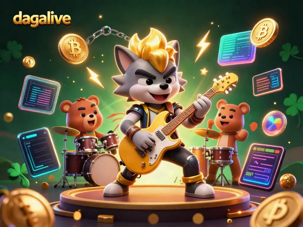 Join the excitement of dagalive as our rock star wolf performs electrifying guitar solos amid golden lights and crypto coins.