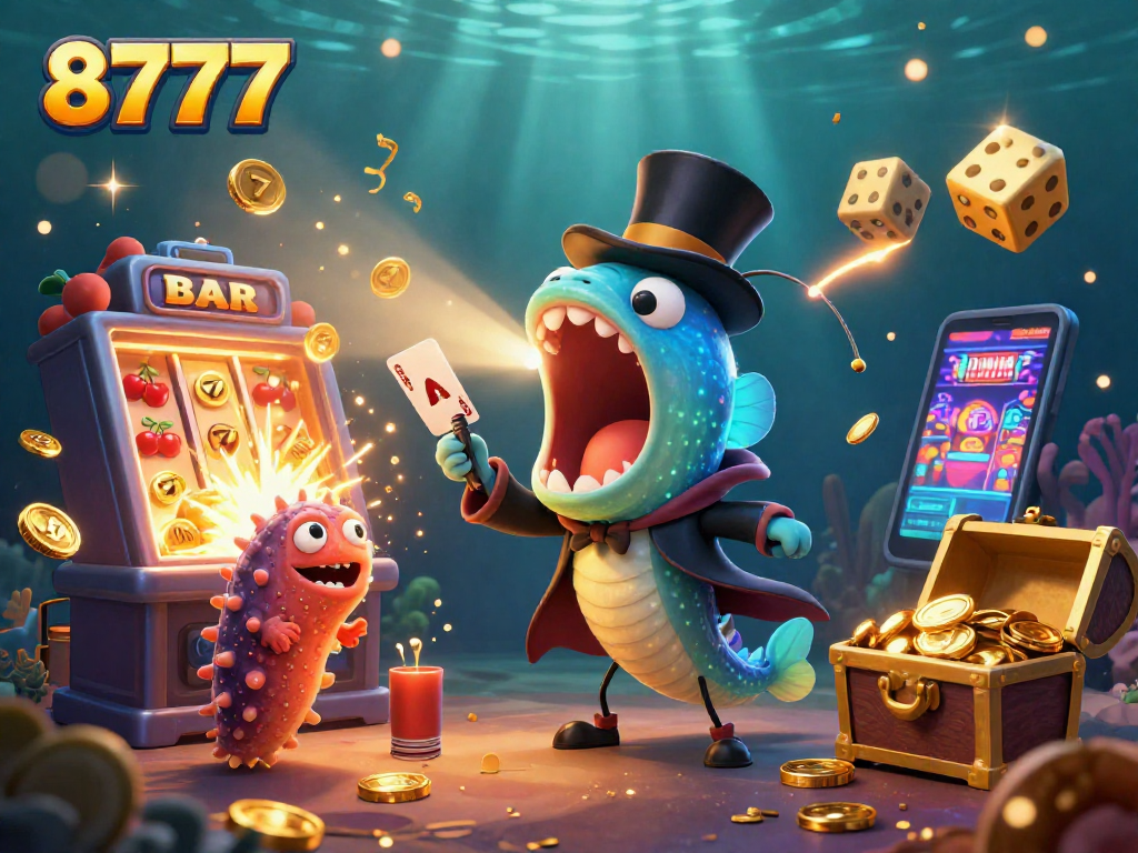 Experience the excitement of 8777 with vibrant characters and casino elements in a stunning 3D underwater scene.