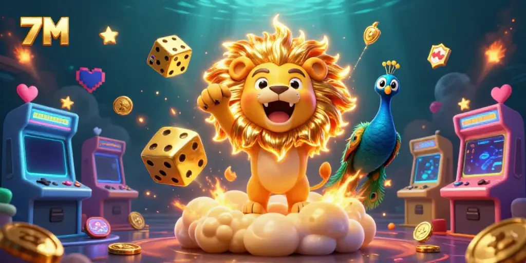 Engage with the dynamic world of 7M, featuring a roaring sun lion, golden dice, and arcade elements.