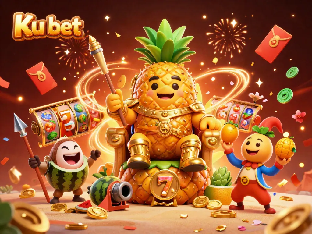 Experience the exciting world of Ku bet with a vibrant 3D casino scene featuring festive characters.