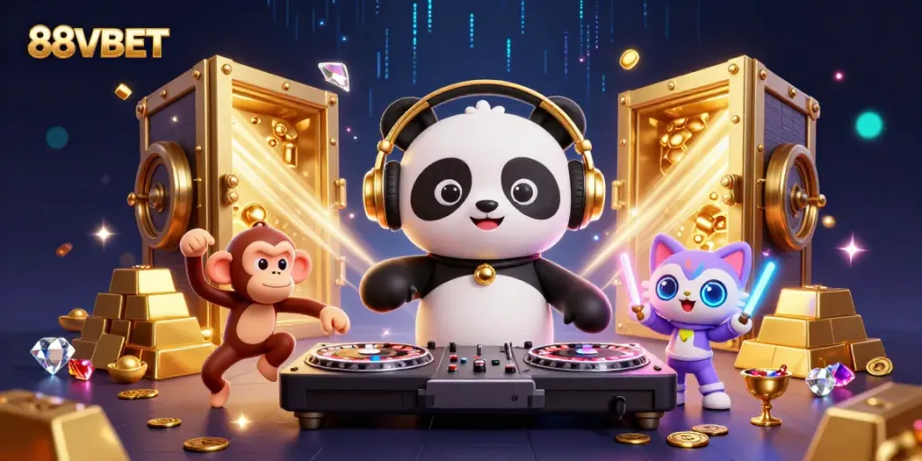 Experience 88VBET's vibrant gaming scene with DJ panda and friends in a dynamic 3D illustration.