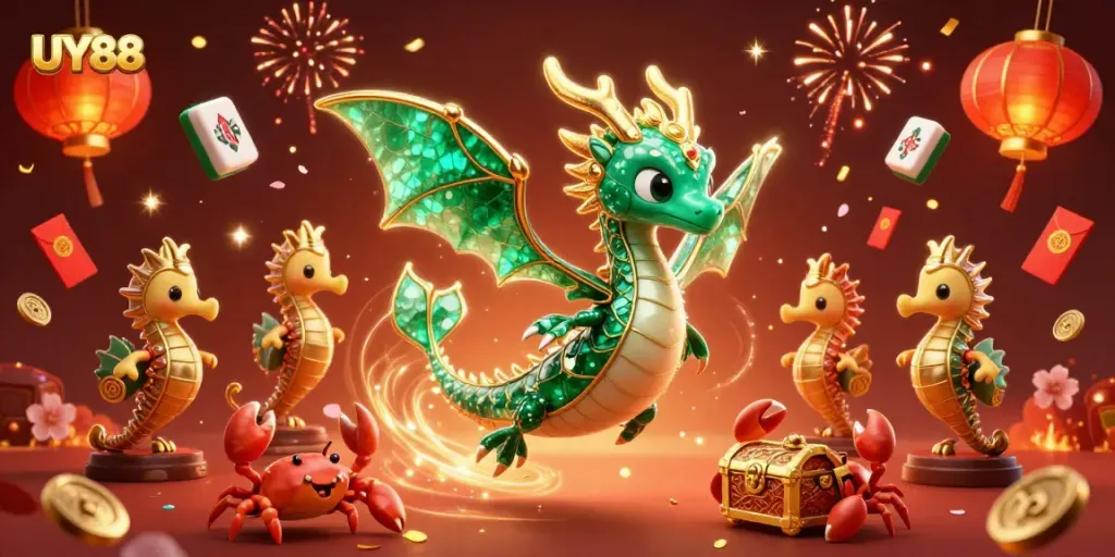 Experience a vibrant celebration of UY88 with a magical sea dragon, lucky symbols, and festive fireworks.