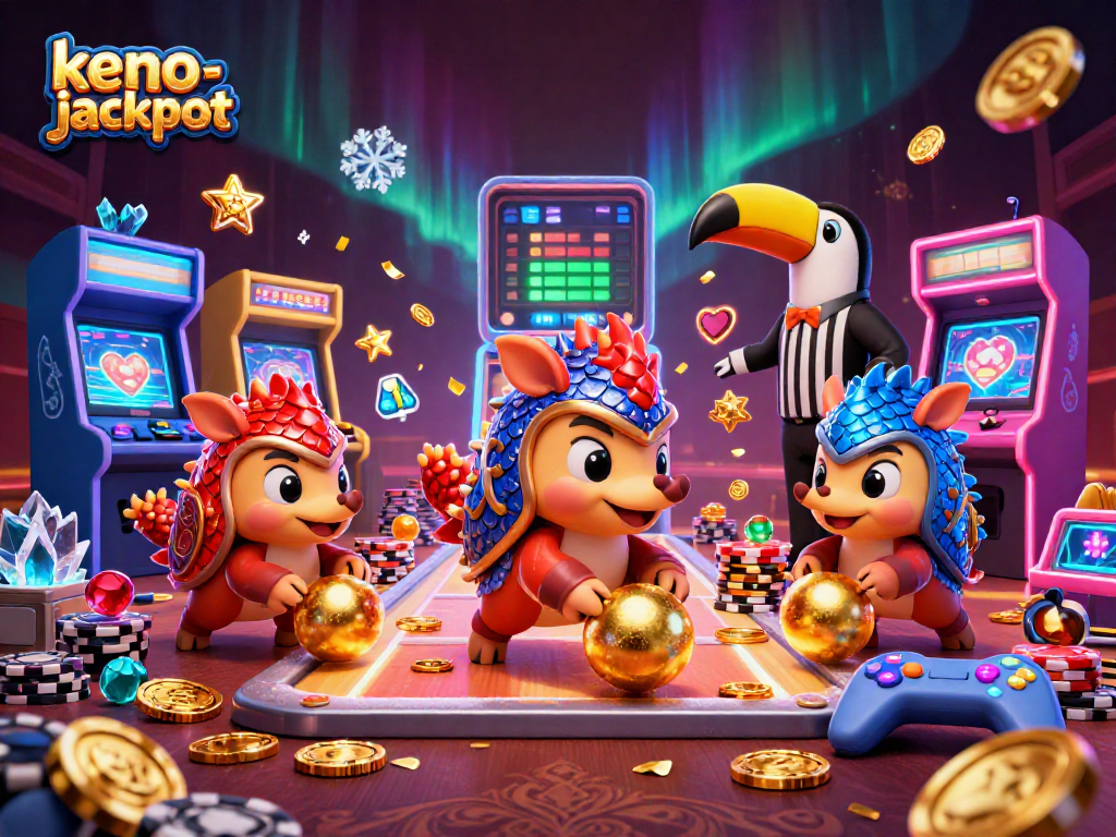 Experience the excitement of keno-jackpot with colorful pangolins and casino elements in a vibrant scene.