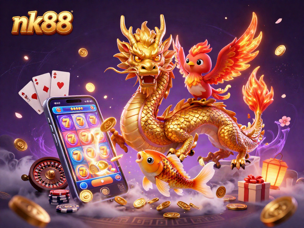Experience nk88 with a golden dragon, phoenix, and koi fish amid vibrant casino games.