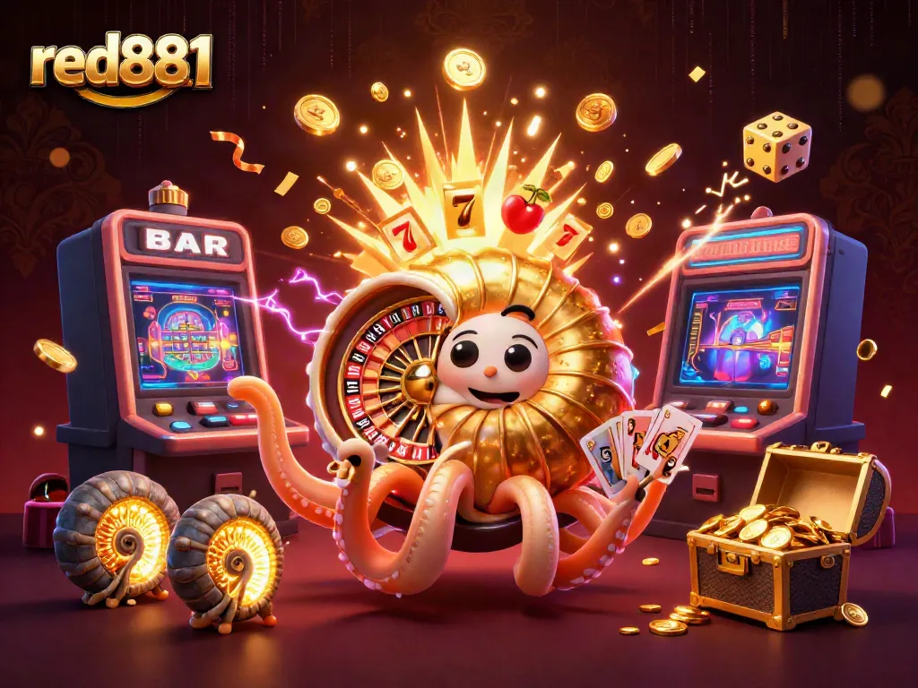Experience exciting gaming adventures with red881, featuring a dynamic scene of casino elements and a glowing nautilus.
