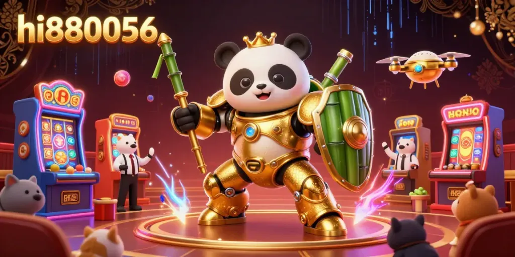 Engage in thrilling gambling action with hi880056 as a golden panda battles in a lively casino arena amidst vibrant slot machines.