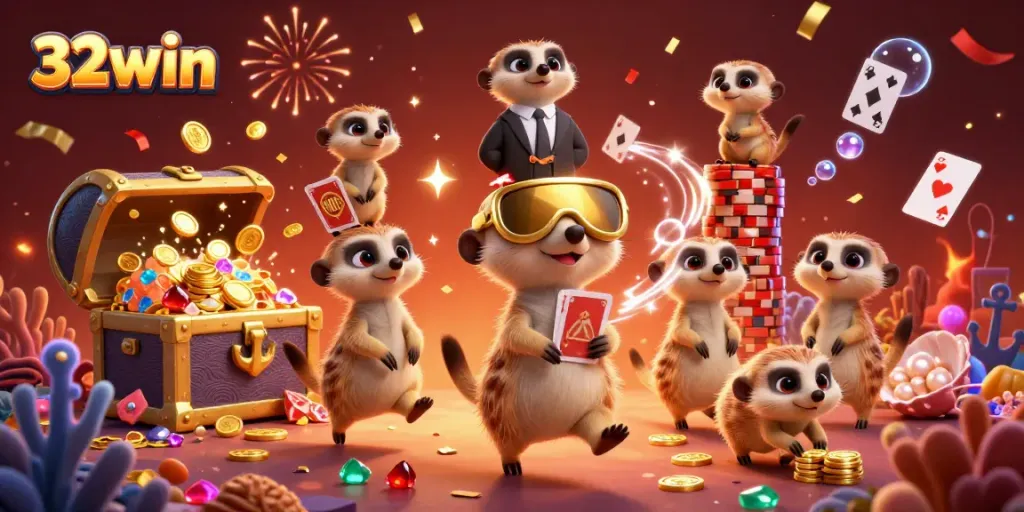 Join the fun at 32win with lively meerkats running a vibrant casino, showcasing gaming excitement.