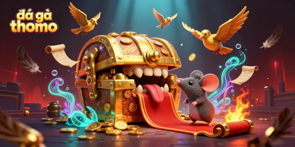 Experience the thrill of đá gà thomo in an intense 3D cockfighting scene, showcasing warriors and treasure.