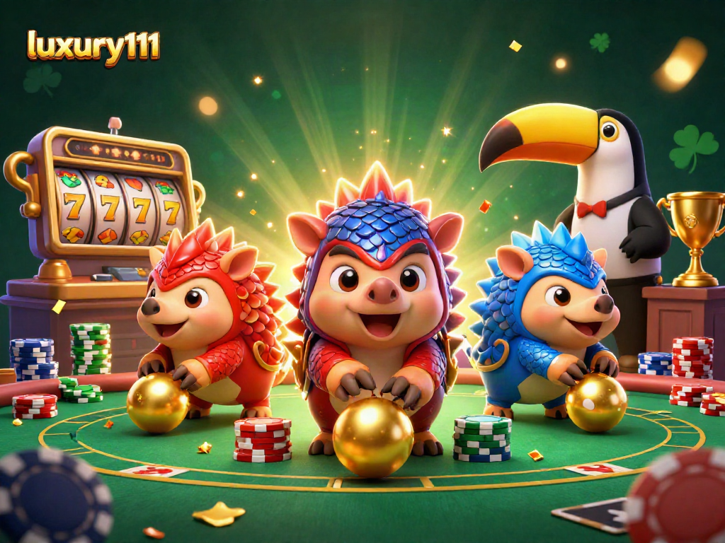 Engage in luxury111 gameplay with rival pangolins amid vibrant casino elements.