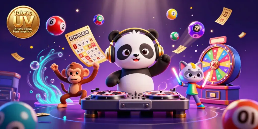 Fabric UV protection test method highlighted in a vibrant, dynamic casino scene with animated characters and energetic elements.
