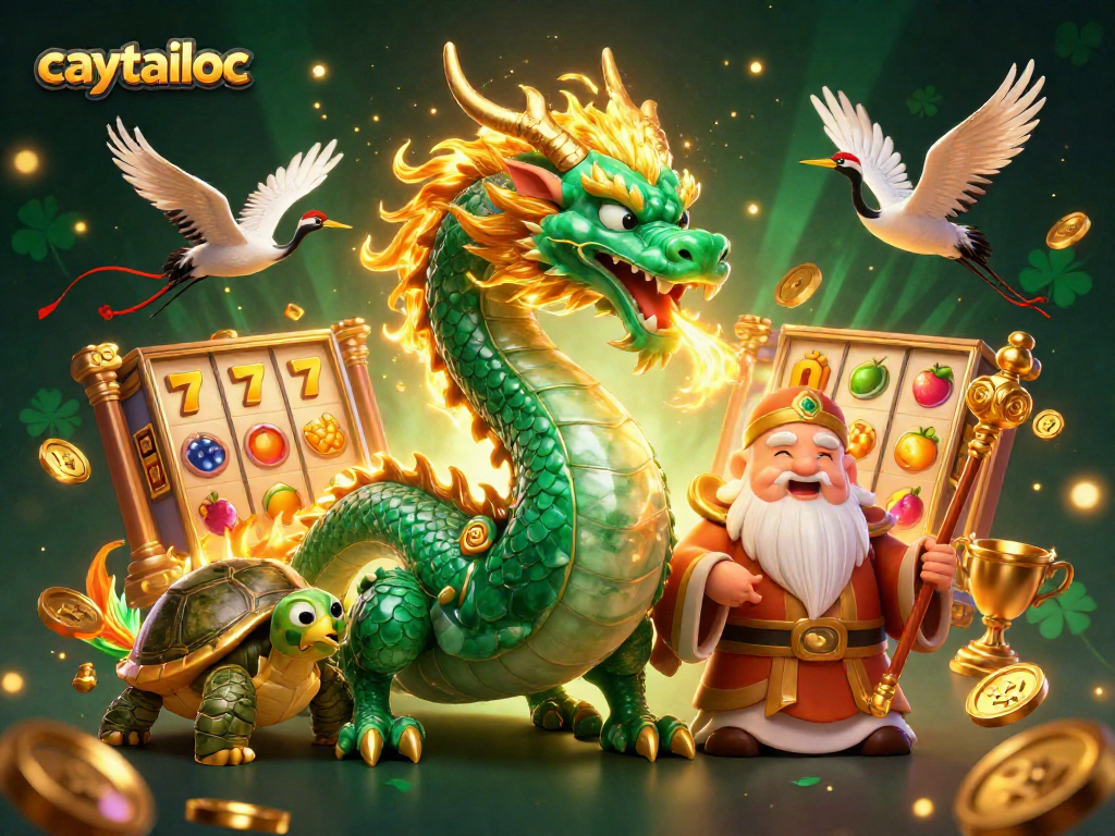 Experience the excitement of caytailoc with an emerald dragon and lucky symbols in a vibrant casino illustration.