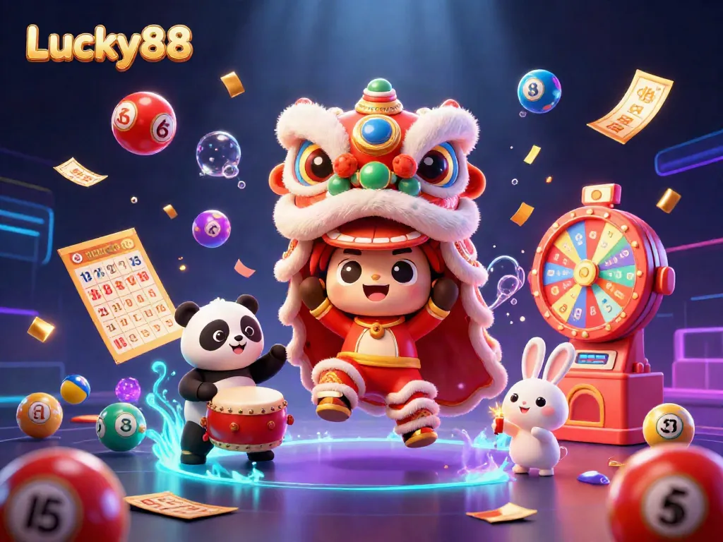 Interactive Lucky88 celebration with colorful lottery elements and festive characters in casino atmosphere.