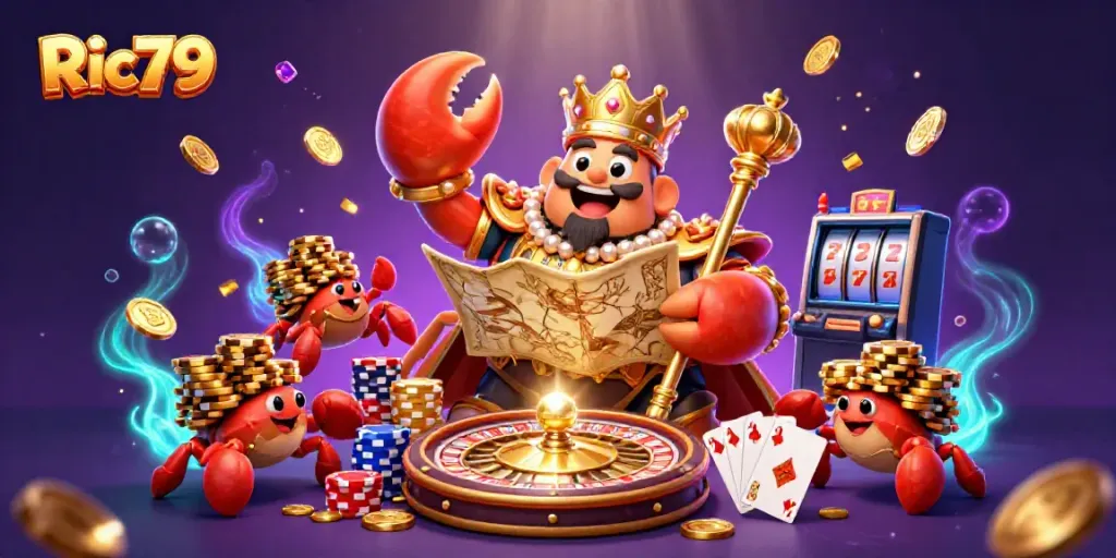 Join the crab emperor at Ric79, enjoying sizzling casino action amidst flying coins and jewels.