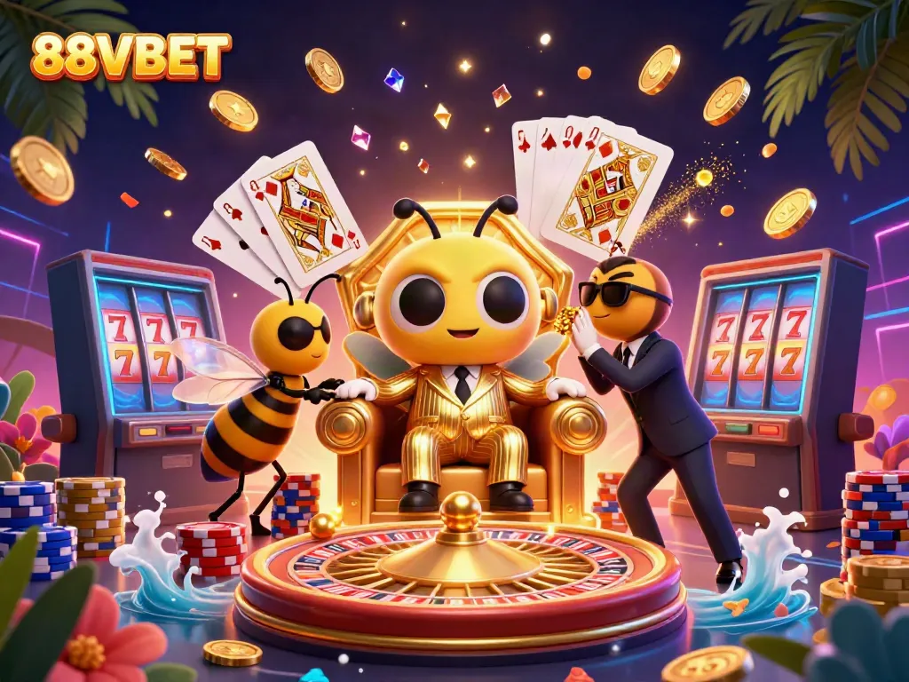 Engage in thrilling action with 88VBET in a vibrant casino scene packed with excitement and fortune.