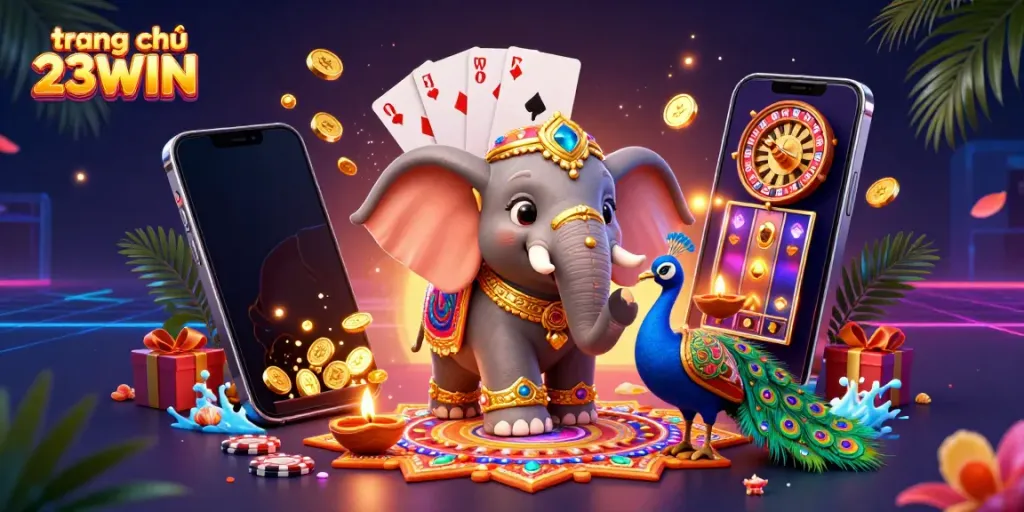 Engage with the thrilling atmosphere at trang chủ 23WIN, featuring colorful games and vibrant characters in a dynamic casino scene.