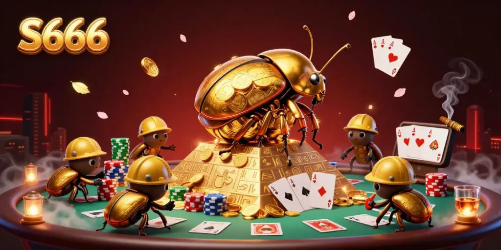 S666 features a massive golden dung beetle rolling coins in a dynamic casino scene illustrating thrilling gameplay.