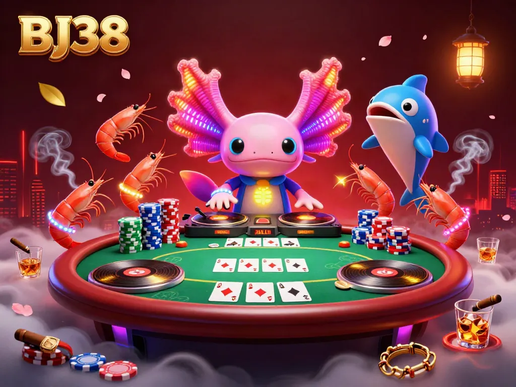 BJ38 showcases a neon axolotl DJ spinning records amid vibrant poker elements reflecting casino energy.