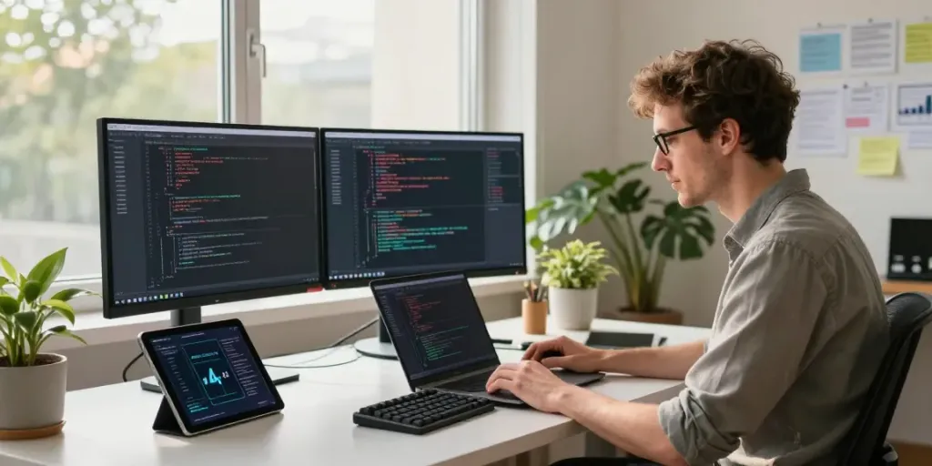 Neil Lock coding in a tech workspace with dual monitors and AI frameworks.