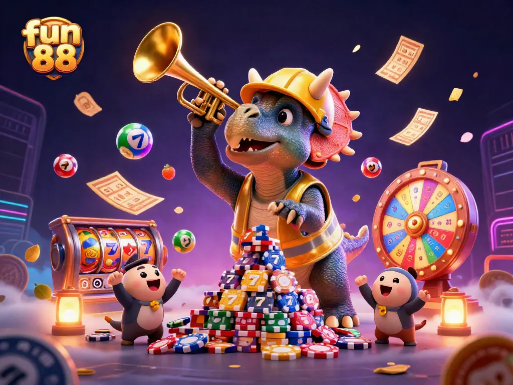 Join the fun 88 casino experience with exciting slot reels and celebrating dinosaurs.