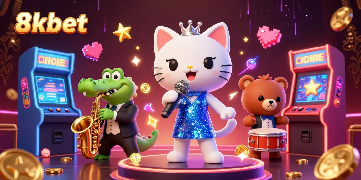 Engage in thrilling gameplay with 8xbet as a jazz-singer cat, saxophonist crocodile, and drummer bear cub entertain in a vibrant casino scene.
