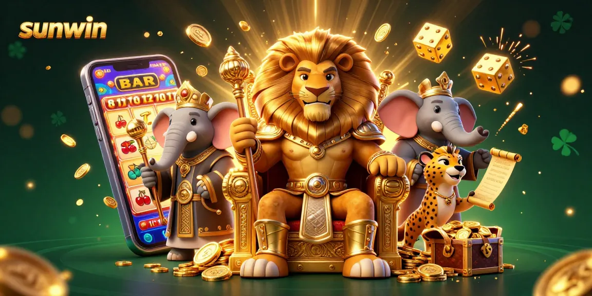 Experience winning thrills at sunwin with a dynamic illustration of slot machines, lucky symbols, and casino excitement.