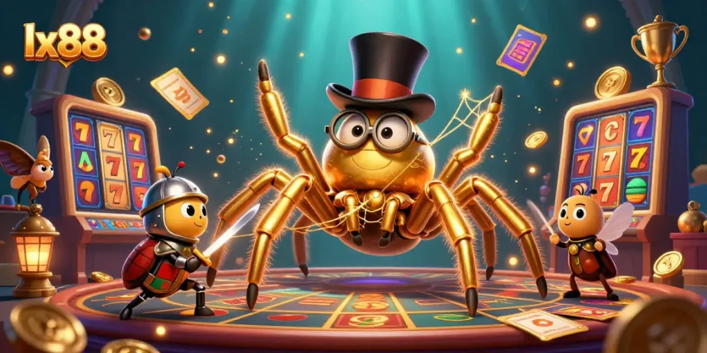 Engage with lx88 in a vibrant online casino scene featuring a golden tarantula and dynamic gambling elements.