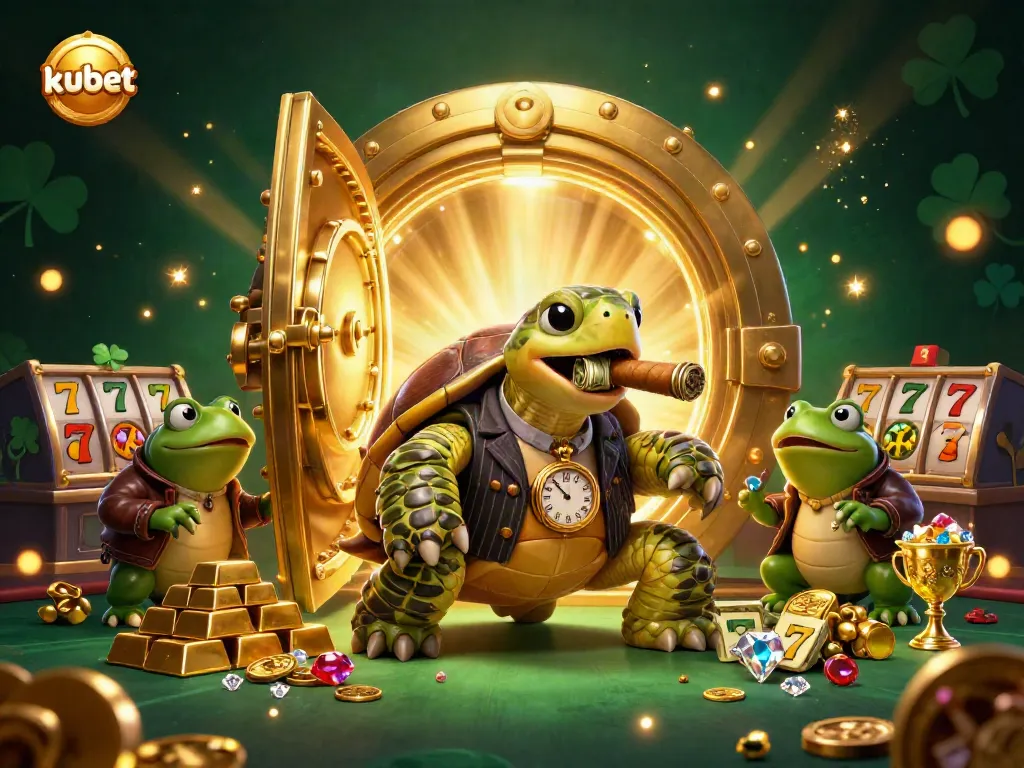 Kubet casino illustration featuring a cartoon turtle and bullfrog enforcers at a treasure vault, rich in detail.