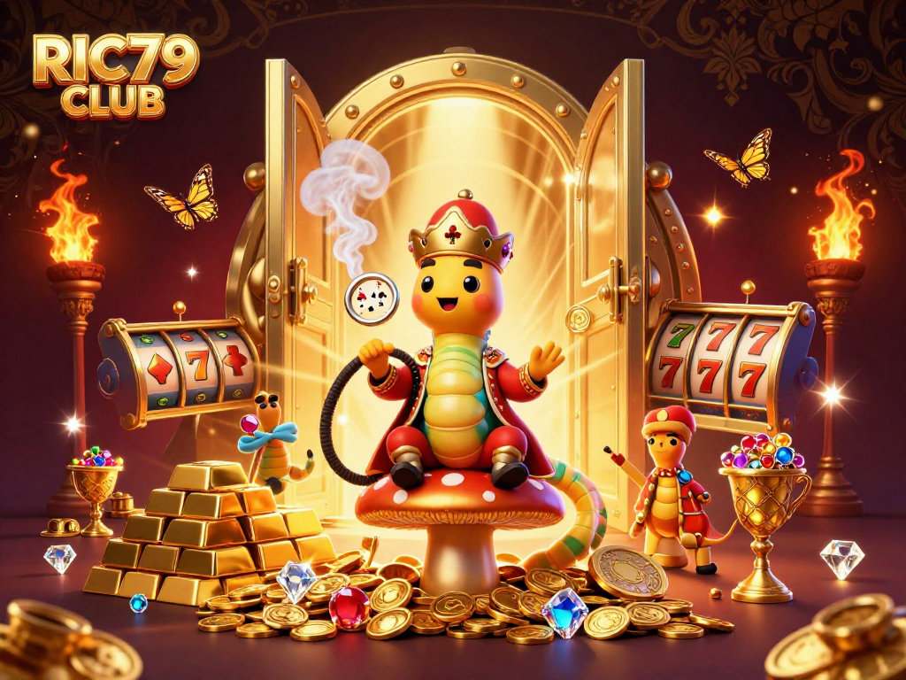 Experience the thrill at RIC79 CLUB with vibrant 3D illustration of casino elements and a caterpillar character.