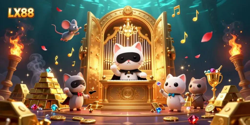 LX88 brings excitement with a phantom cat playing at a casino organ surrounded by treasures.