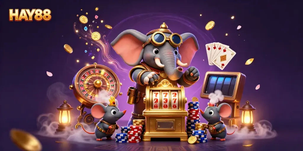 Experience excitement at HAY88 with a steampunk elephant operating a golden slot machine amidst sparkling treasures.