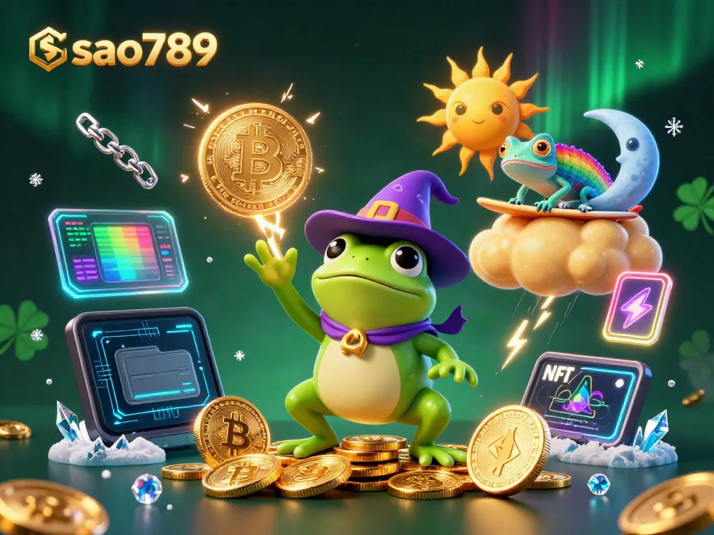 Sao789 enhances gaming with a vibrant storm of coins and digital currencies in a fantasy casino scene.
