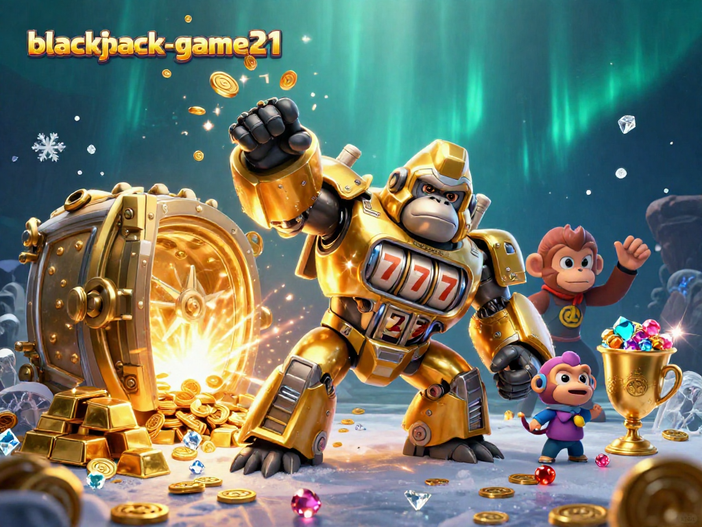 Experience thrilling gameplay with blackjack-game21, featuring a dynamic casino scene with a mech and treasures.