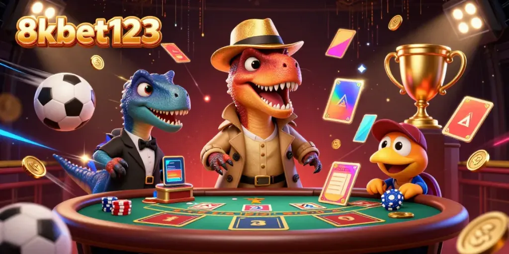 Engage in gaming strategies with 8xbet123 featuring a velociraptor card counter and dynamic casino elements.