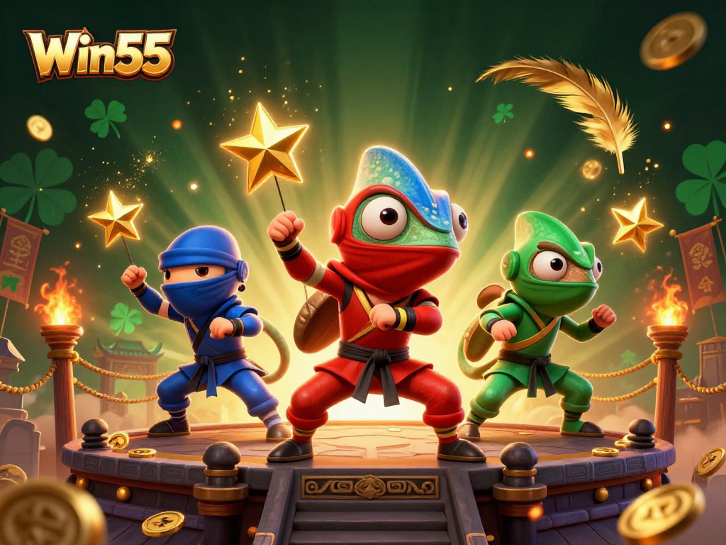 Engage in thrilling gameplay with Win55 featuring vibrant ninja chameleons in a dynamic casino scene.