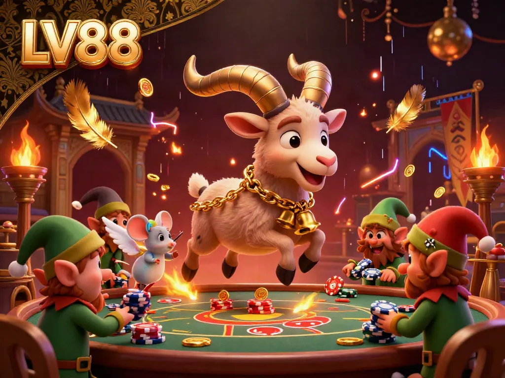Experience thrilling gaming at LV88 with festive Krampus, angel mouse, and mischievous elf gremlins in a bustling casino.