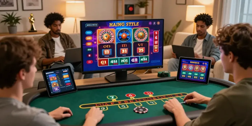 Engaging scene of players enjoying live dealer games at usa online casinos, featuring vibrant graphics and cozy home office setting.
