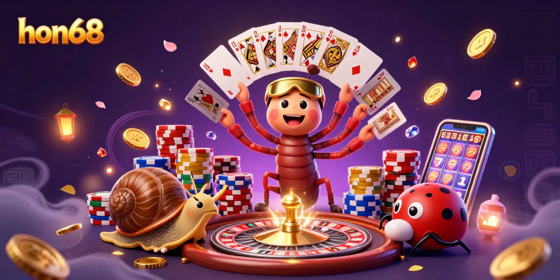 Experience the excitement of hon68 with a vibrant 3D illustration of a cartoon millipede dealer and high-roller characters engaging in a lively casino scene.