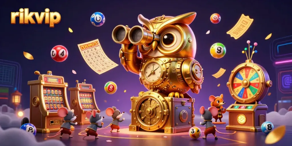 Experience the vibrant casino scene with rikvip, featuring a golden owl and lively lottery elements.