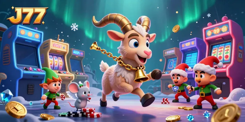 Experience thrilling gameplay at J77 with a festive casino scene featuring unique characters and gaming elements.