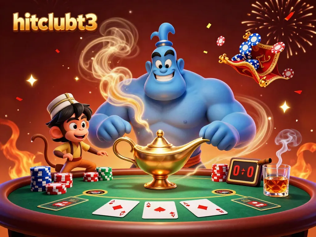 Experience the magic of hitclubt3 with a genie, poker chips, and a vibrant casino atmosphere.