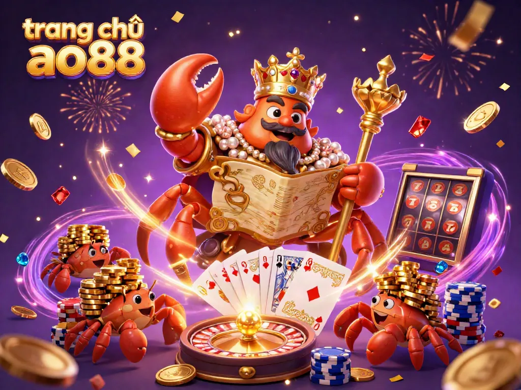 Engage with the vibrant world of trang chủ ao88 as the golden crab emperor reigns over a treasure-filled casino scene.