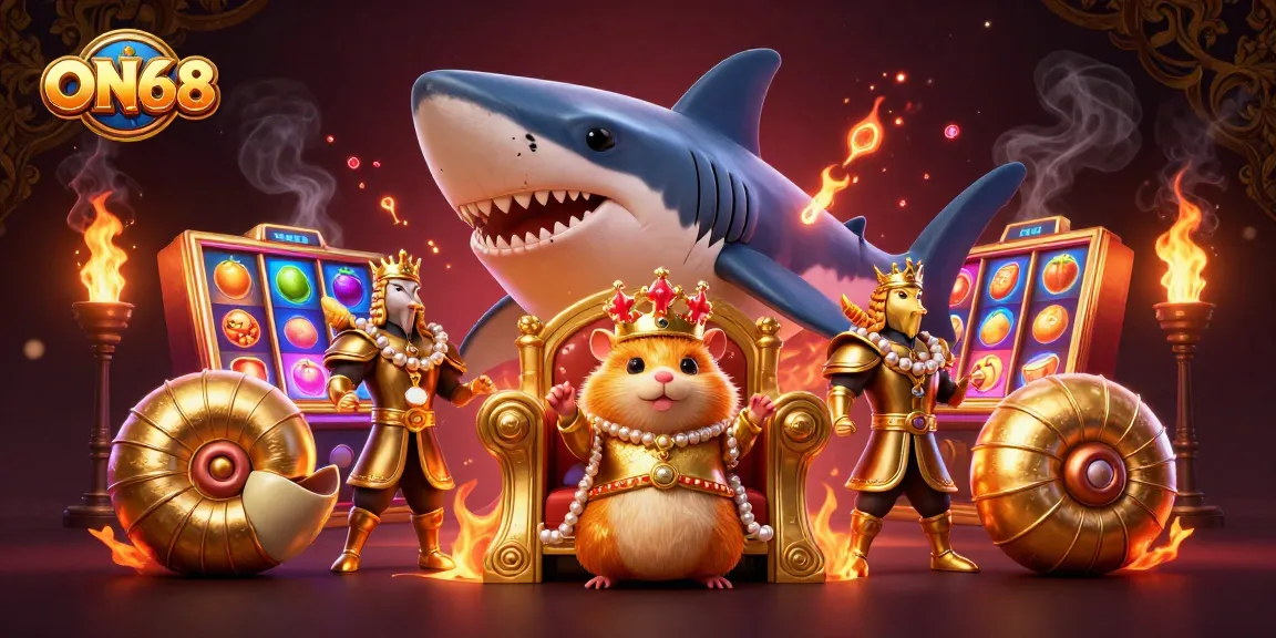 Experience the thrill of gaming at ON68 with vibrant slot machines surrounding a fierce golden hamster king.