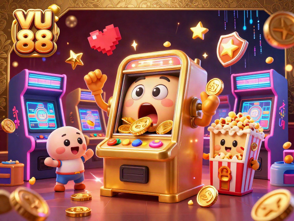 Experience the excitement of vu 88 slots with a golden machine celebrating a jackpot amid cheering characters.