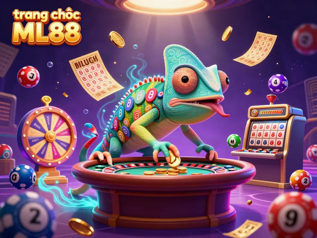 Experience the excitement of trang chủ ML88 casino with a vibrant, engaging scene showcasing a chameleon owner amid colorful lottery elements.