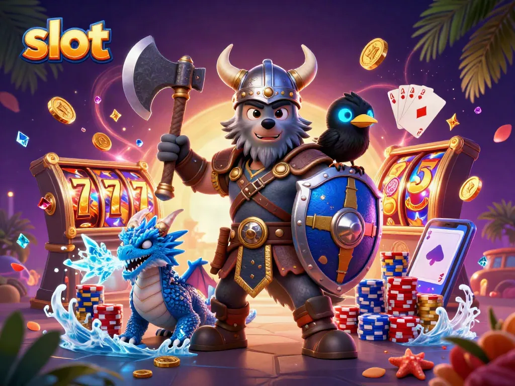 Engage in thrilling slot action with colorful reels and charismatic characters in a vibrant casino setting.