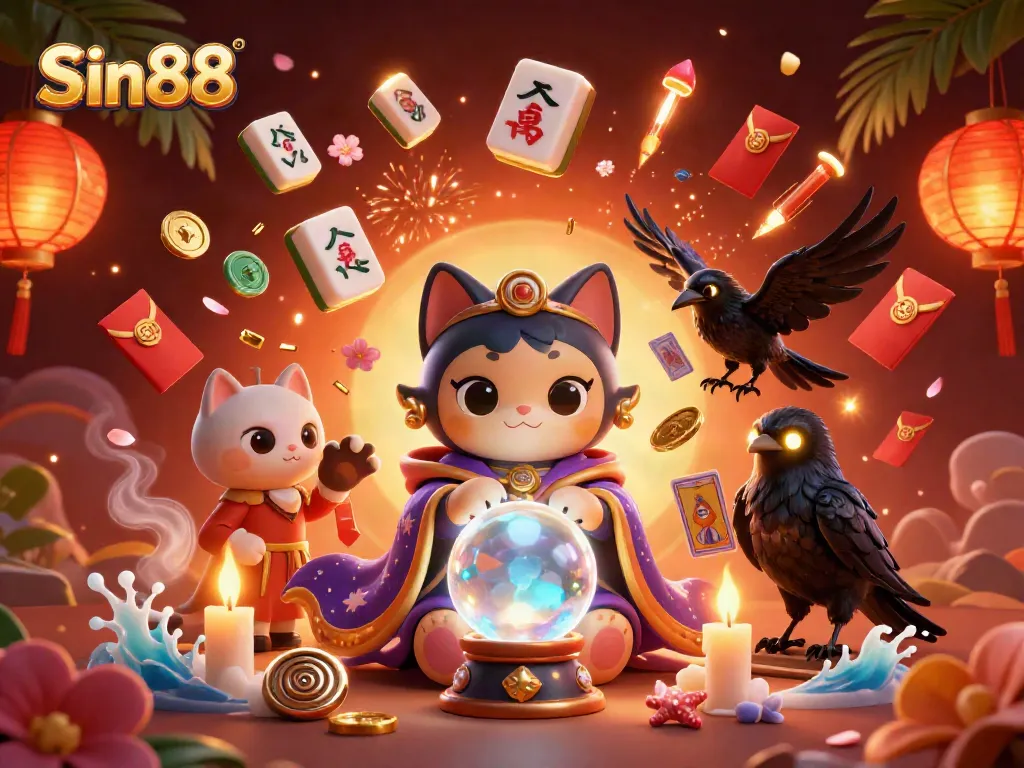 Sin88 gamers enjoy bustling casino action with vibrant characters, glowing elements, and dynamic game pieces.