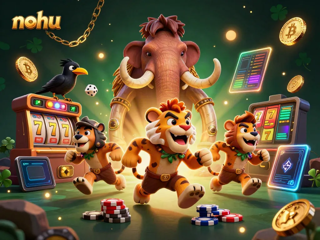 Experience the excitement of nohu with prehistoric characters enjoying casino fun, complete with slot elements and vibrant visuals.