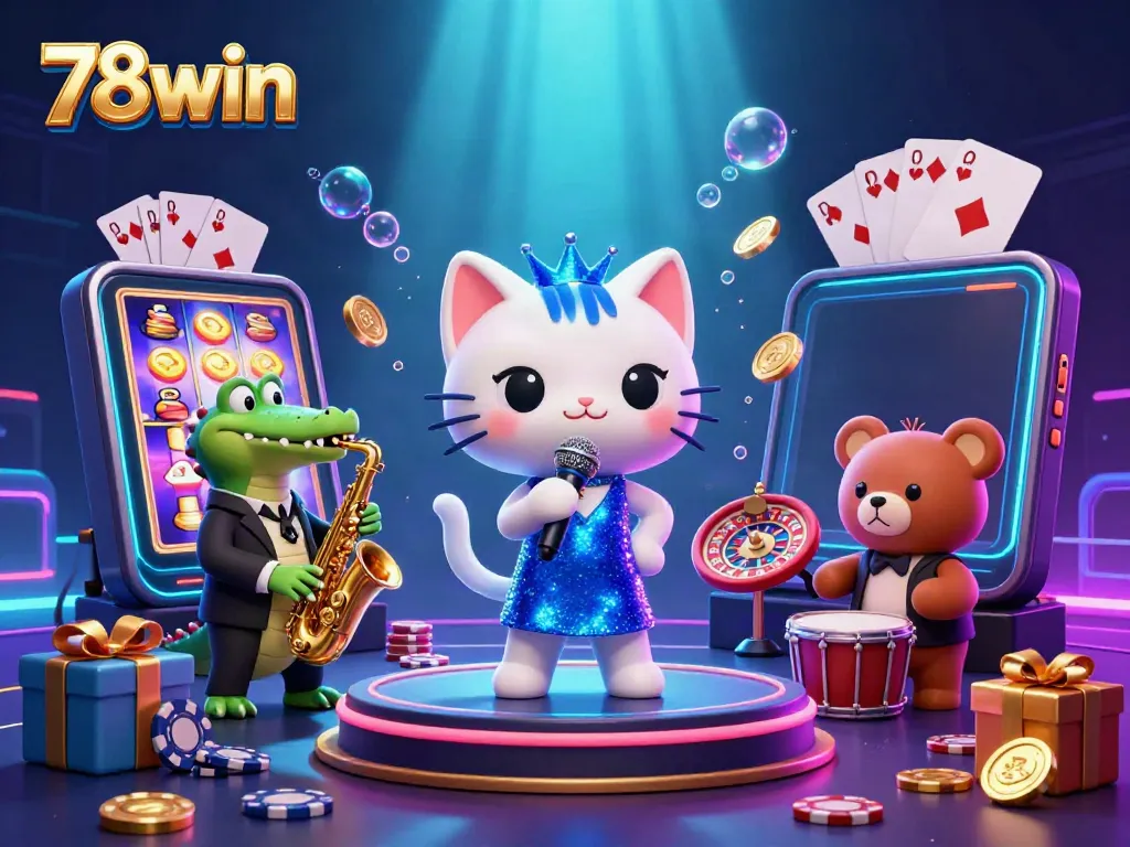 Engage with 78win's thrilling atmosphere featuring a jazz-singer cat and a lively casino backdrop.