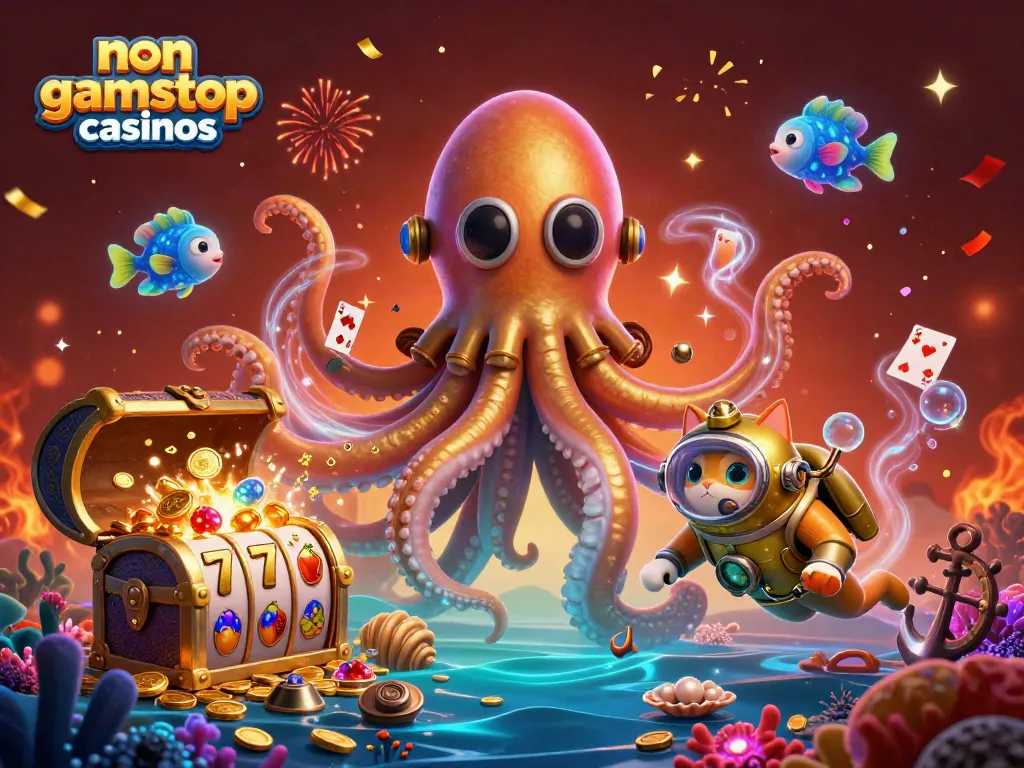 Experience thrilling action at non gamstop casinos with a mesmerizing kraken and diving cat amidst vibrant casino elements.