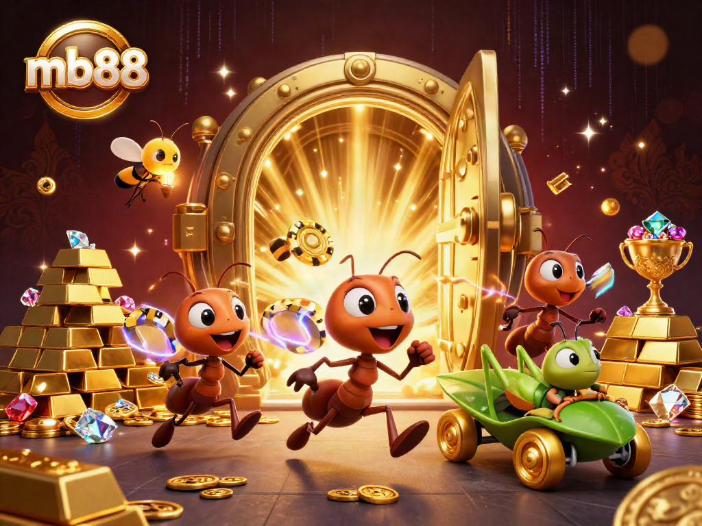 Experience thrilling wins with mb88 as animated ants carry a massive poker chip in a vibrant casino heist scene.